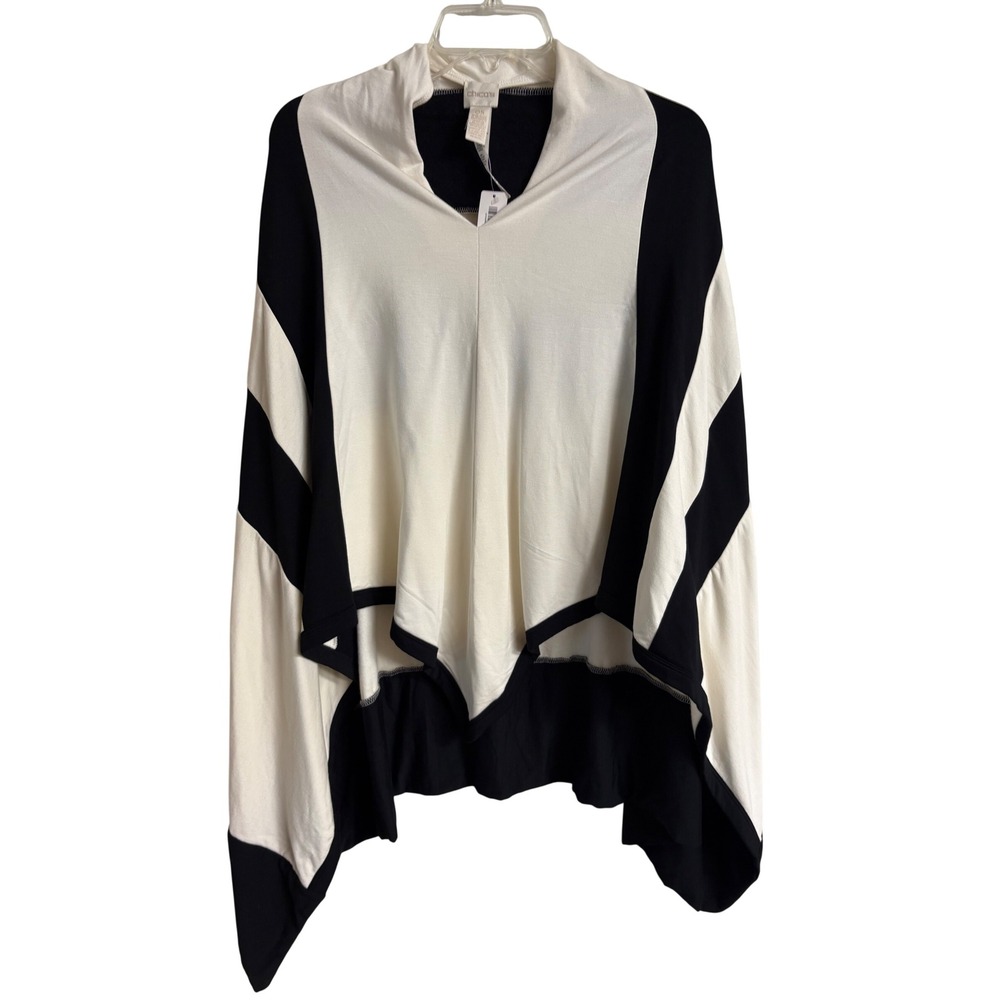 Chicos Talia Poncho Black Ecru Striped Asymmetrical V-Neck One Size NWT